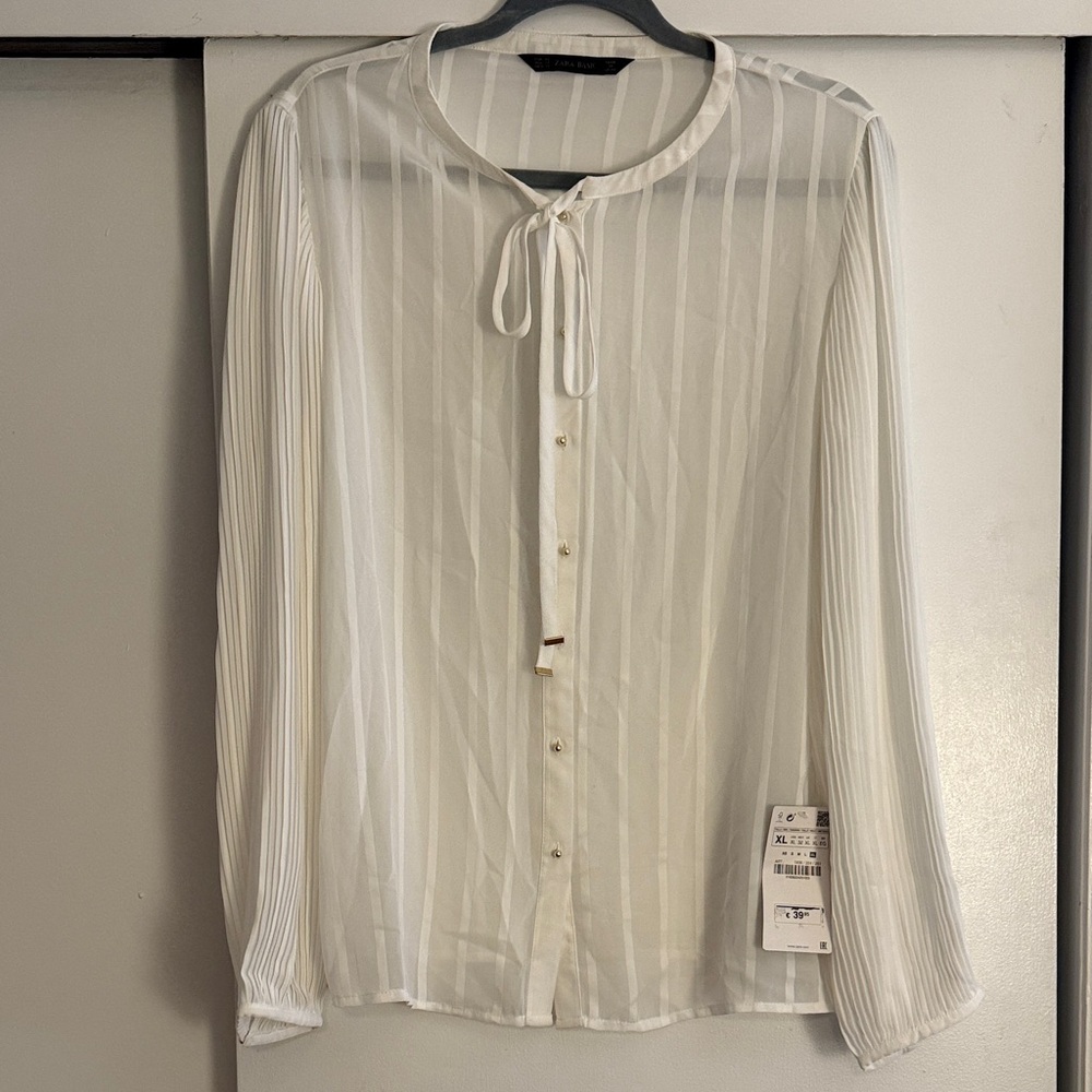 NWT Zara Sheer White Blouse with Tie Neck & Gold buttons